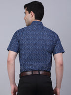 Jainish Men's Cotton Half Sleeve Printed Formal Shirts - Navy Blue | Grocsy