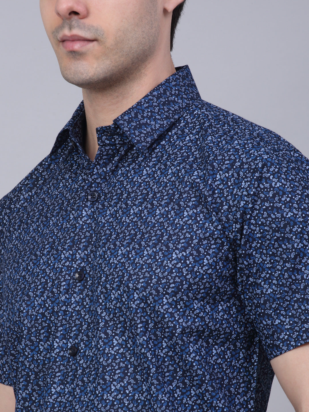 Jainish Men's Cotton Half Sleeve Printed Formal Shirts - Navy Blue | Grocsy