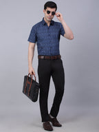 Jainish Men's Cotton Half Sleeve Printed Formal Shirts - Navy Blue | Grocsy