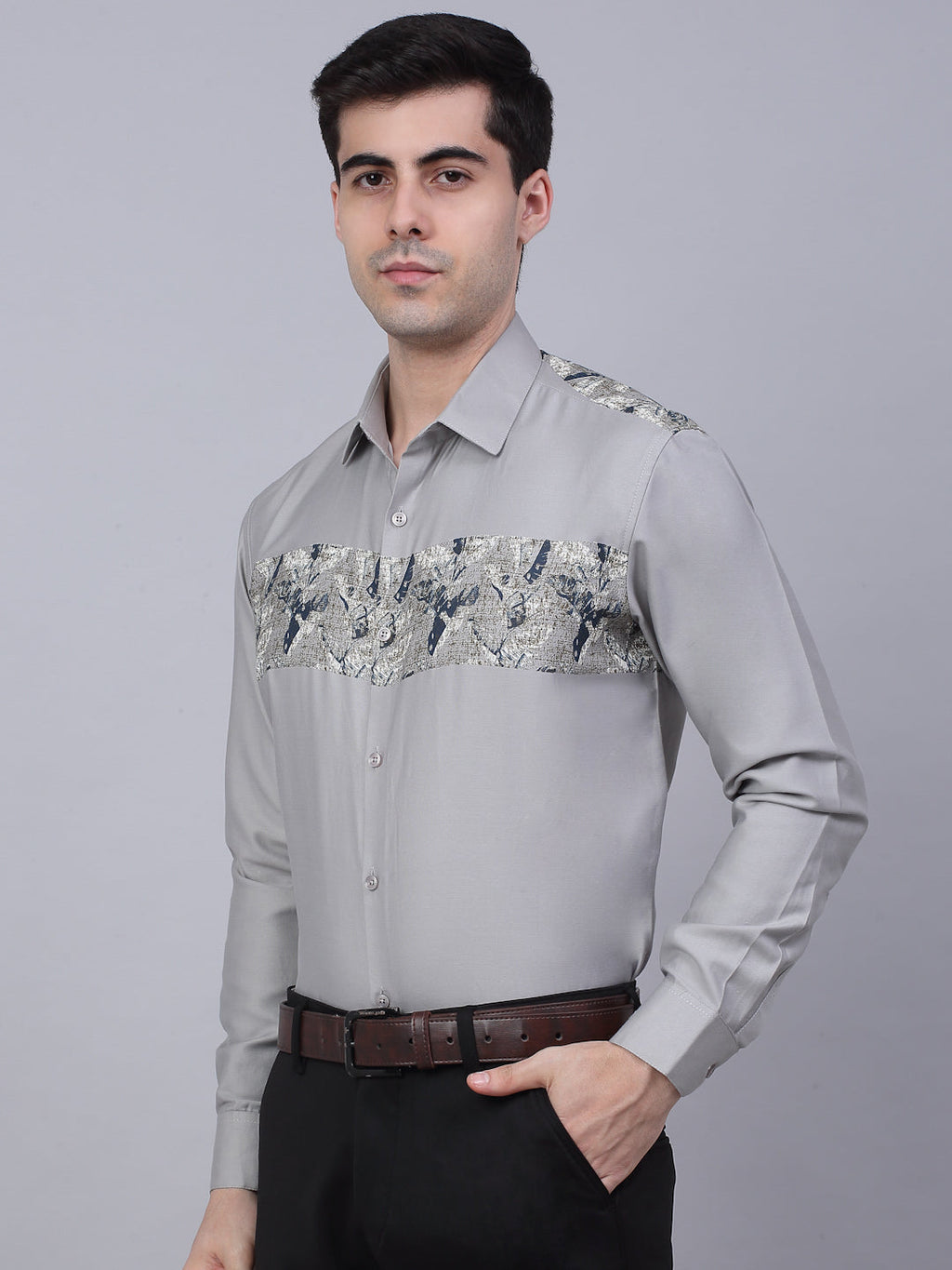 Jainish Men's Cotton Lycra Printed Formal Shirts - Steel-Grey | Grocsy