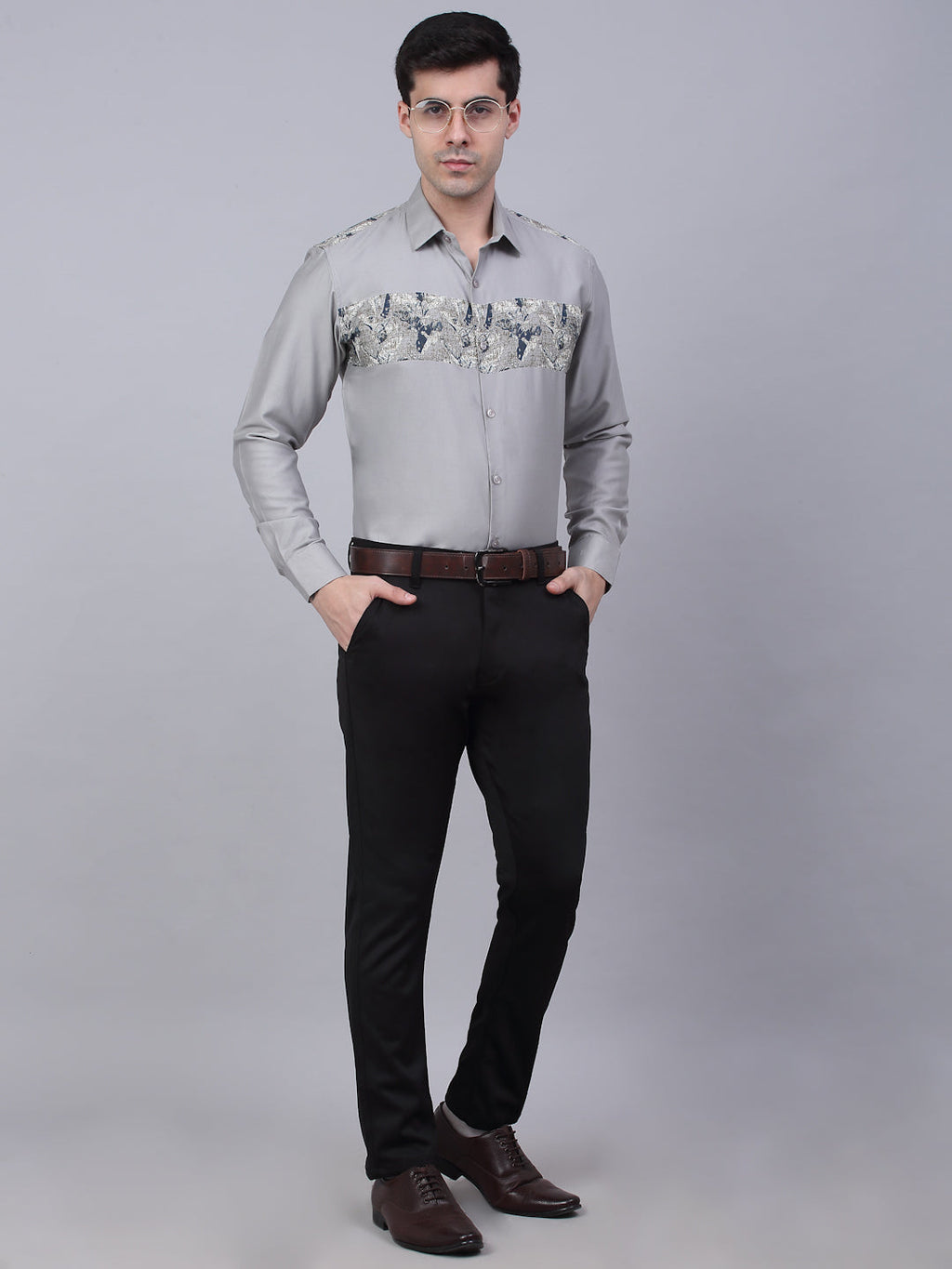 Jainish Men's Cotton Lycra Printed Formal Shirts - Steel-Grey | Grocsy