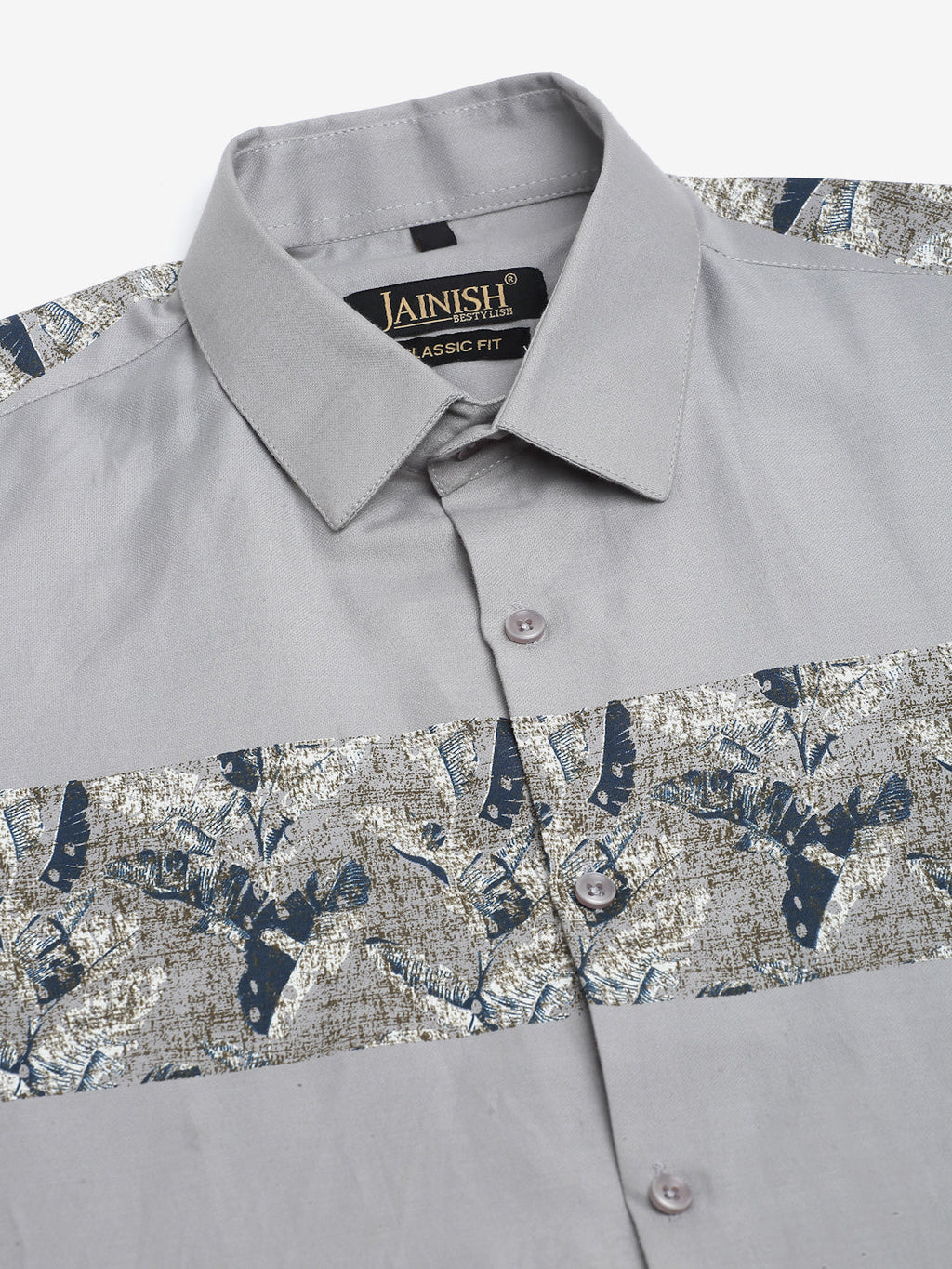 Jainish Men's Cotton Lycra Printed Formal Shirts - Steel-Grey | Grocsy