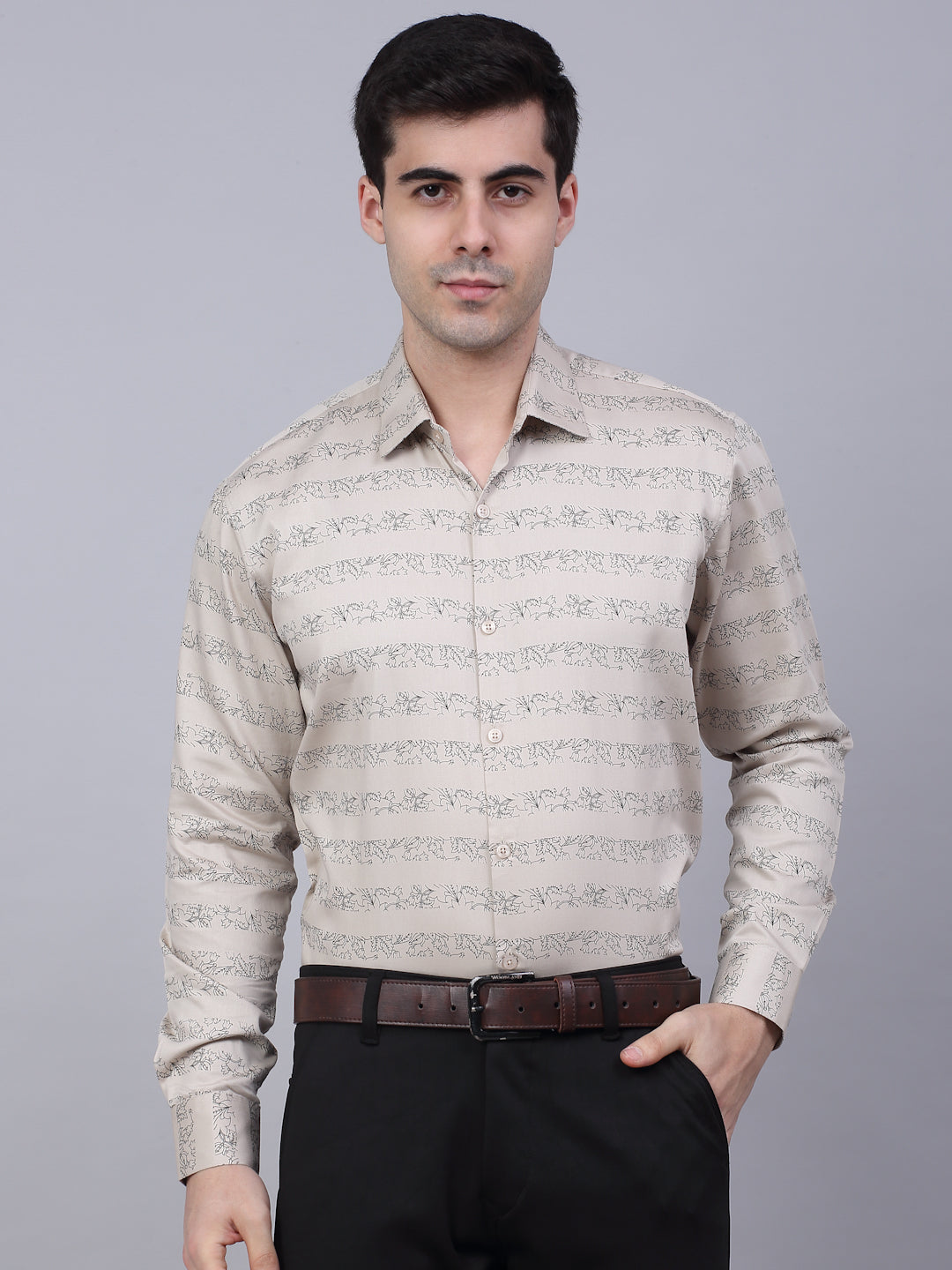 Jainish Men's Cotton Lycra Printed Formal Shirts - Cream | Grocsy
