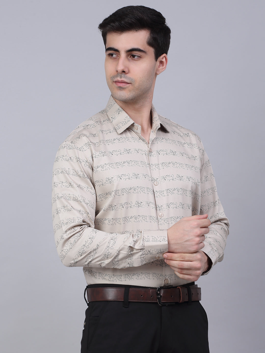 Jainish Men's Cotton Lycra Printed Formal Shirts - Cream | Grocsy
