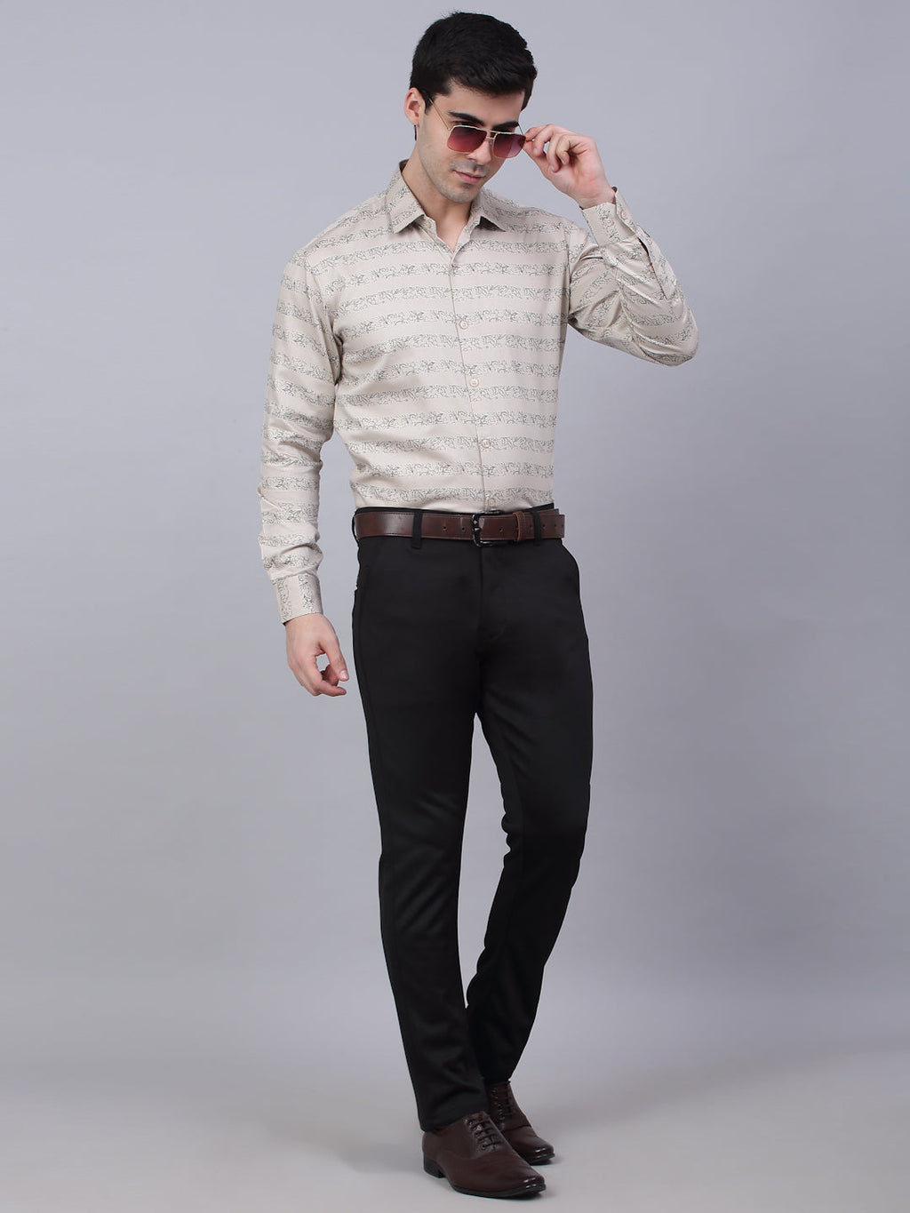 Jainish Men's Cotton Lycra Printed Formal Shirts - Cream | Grocsy
