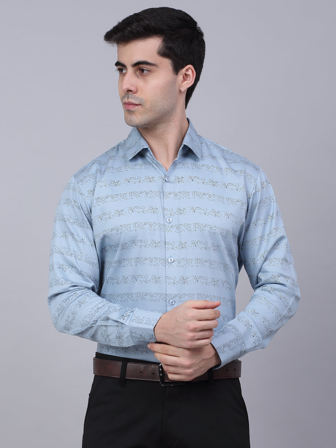 Jainish Men's Cotton Lycra Printed Formal Shirts - Sky Blue | Grocsy