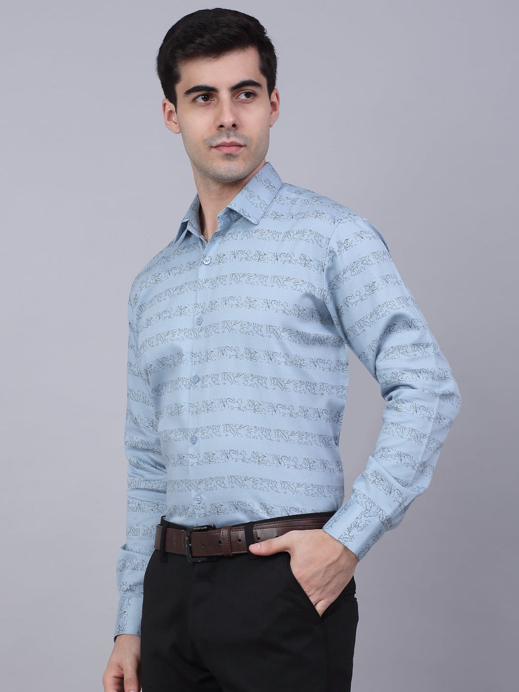 Jainish Men's Cotton Lycra Printed Formal Shirts - Sky Blue | Grocsy