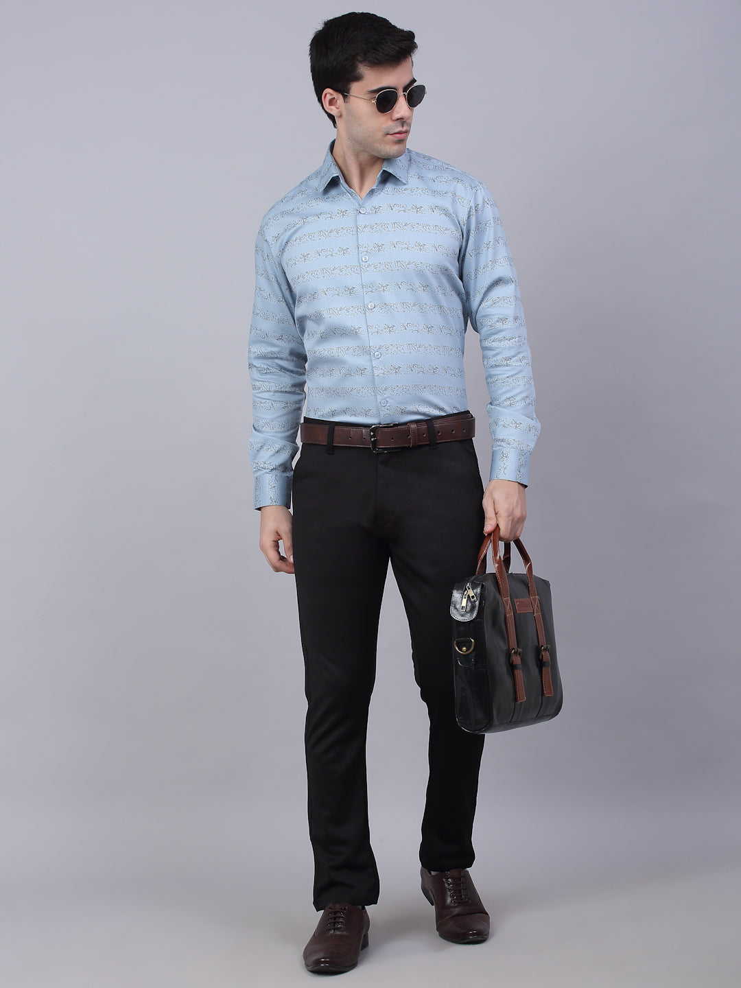 Jainish Men's Cotton Lycra Printed Formal Shirts - Sky Blue | Grocsy