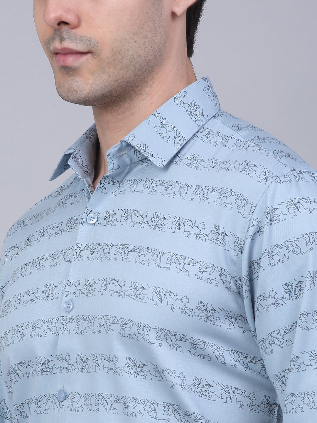 Jainish Men's Cotton Lycra Printed Formal Shirts - Sky Blue | Grocsy