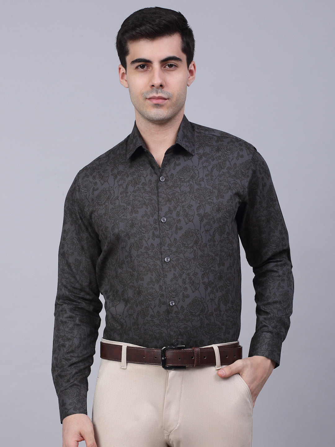 Jainish Men's Cotton Lycra Printed Formal Shirts - Grey | Grocsy