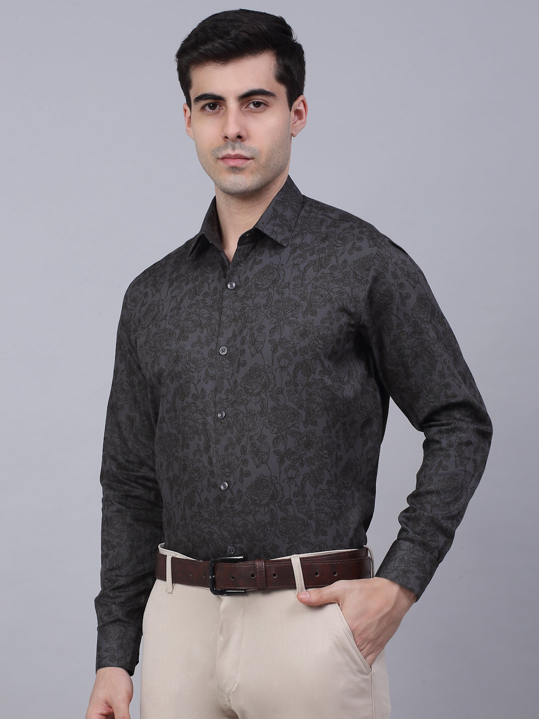 Jainish Men's Cotton Lycra Printed Formal Shirts - Grey | Grocsy