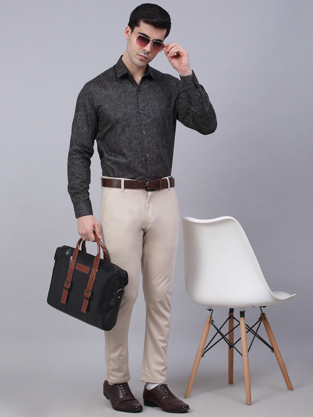 Jainish Men's Cotton Lycra Printed Formal Shirts - Grey | Grocsy