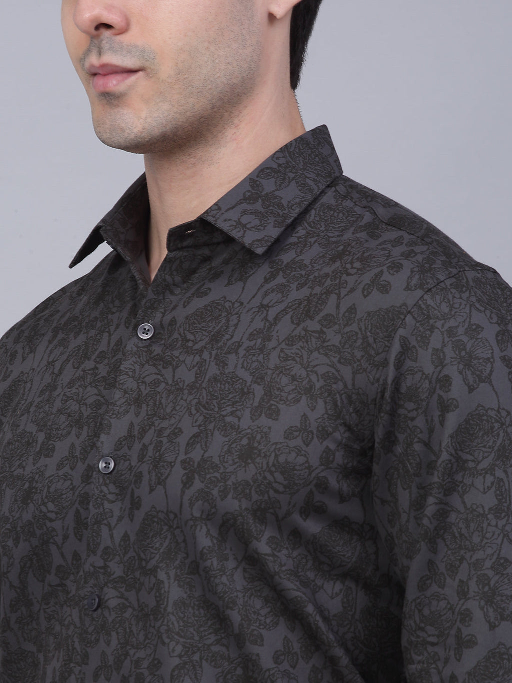 Jainish Men's Cotton Lycra Printed Formal Shirts - Grey | Grocsy
