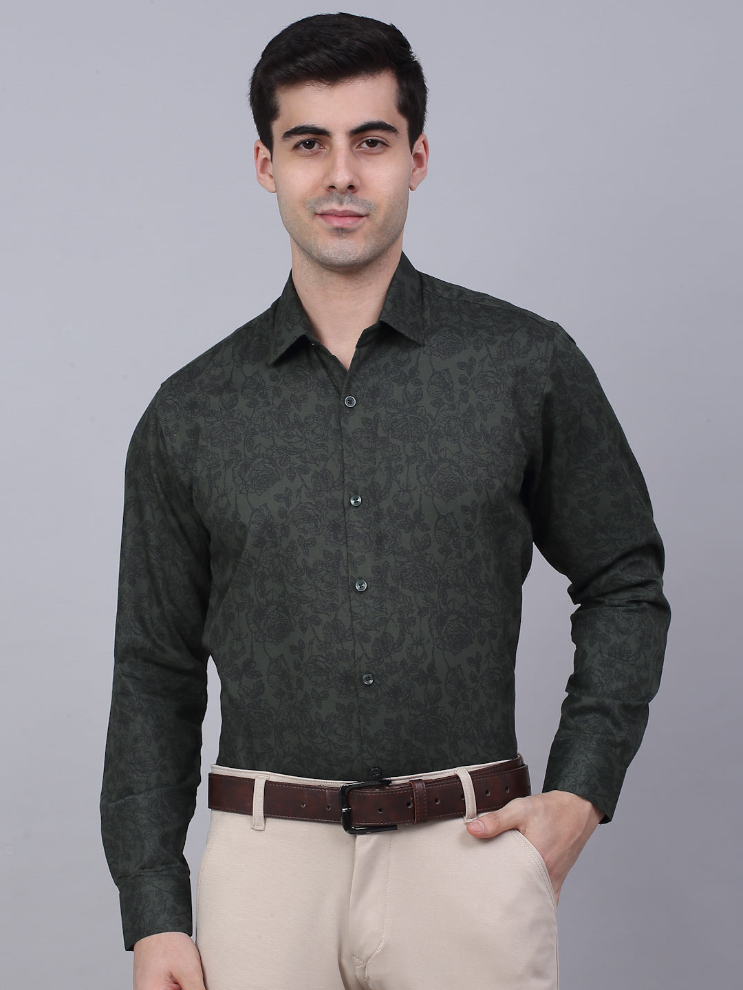 Jainish Men's Cotton Lycra Printed Formal Shirts - Olive | Grocsy