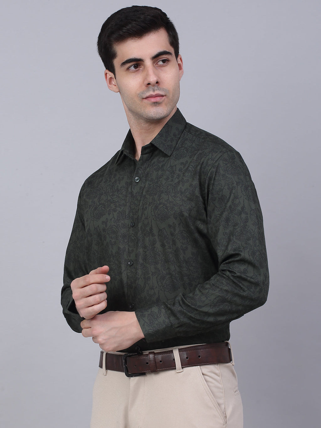 Jainish Men's Cotton Lycra Printed Formal Shirts - Olive | Grocsy