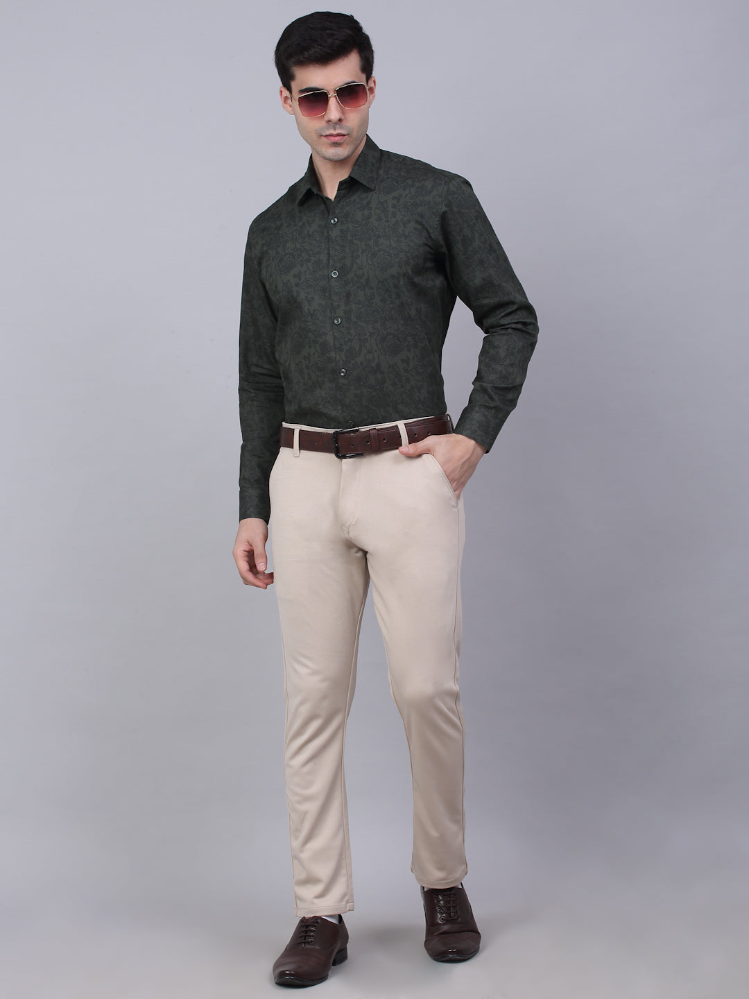 Jainish Men's Cotton Lycra Printed Formal Shirts - Olive | Grocsy