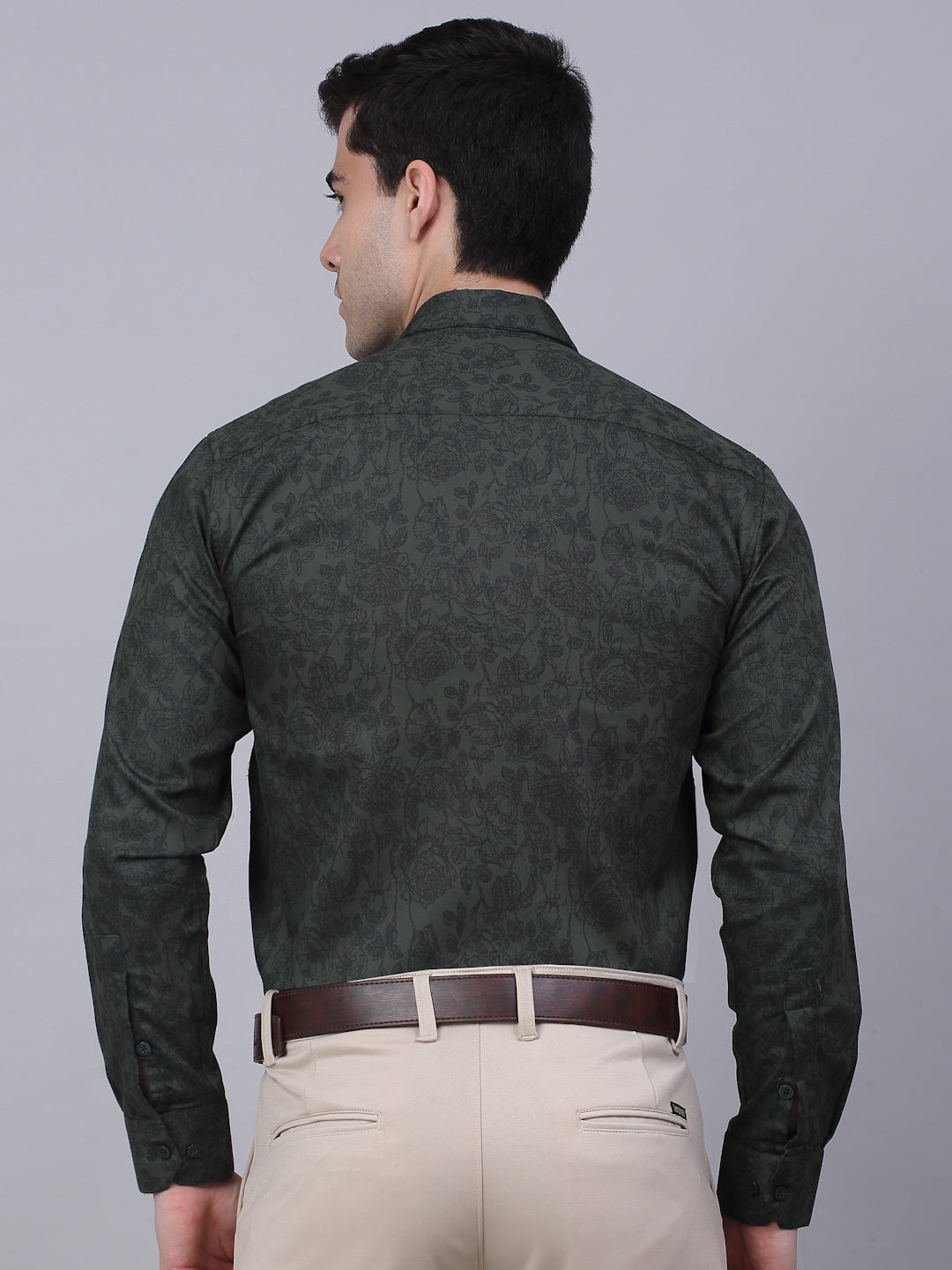 Jainish Men's Cotton Lycra Printed Formal Shirts - Olive | Grocsy
