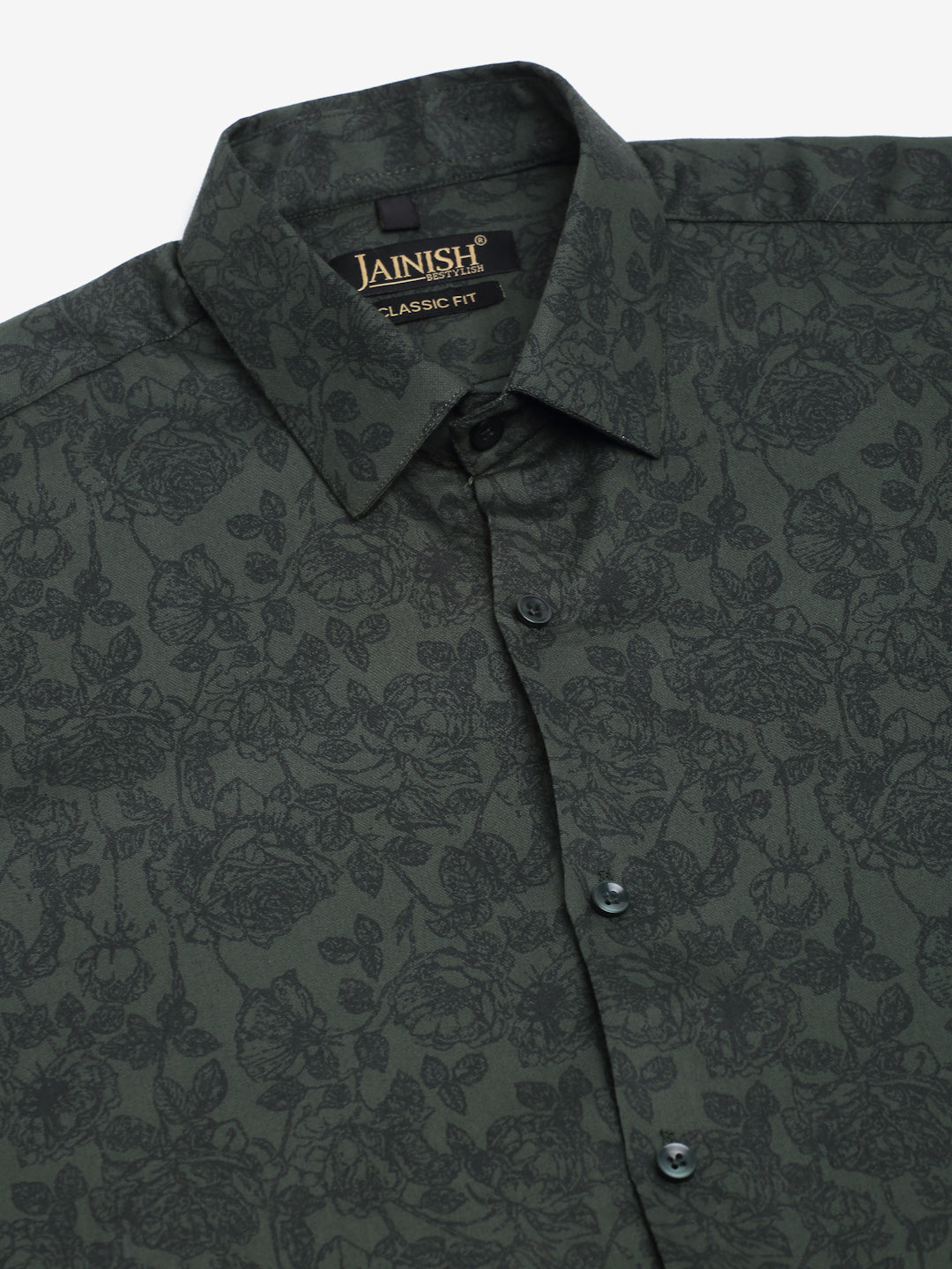 Jainish Men's Cotton Lycra Printed Formal Shirts - Olive | Grocsy