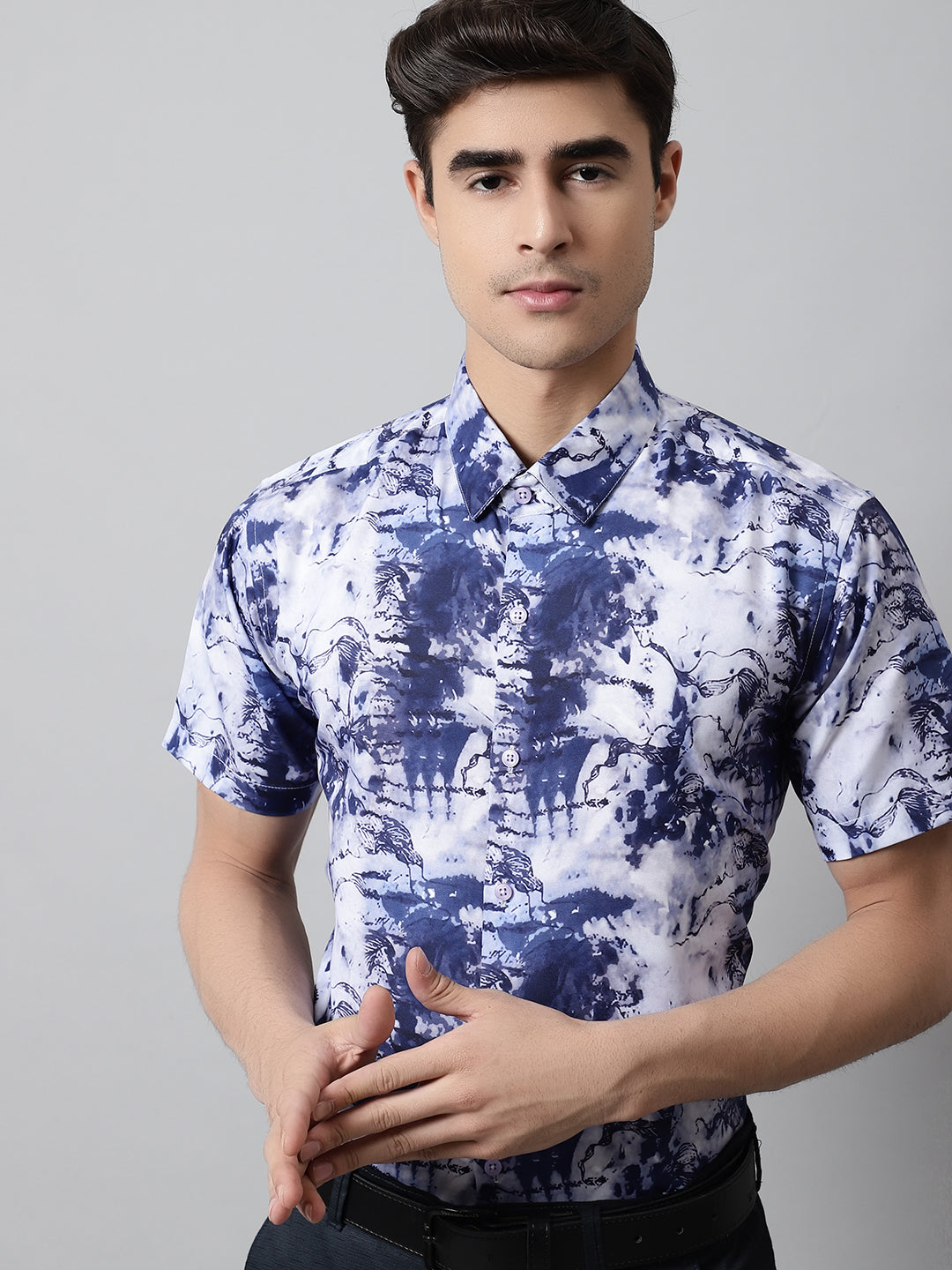 Jainish Men's Blue Classic Printed Formal Shirt | Grocsy