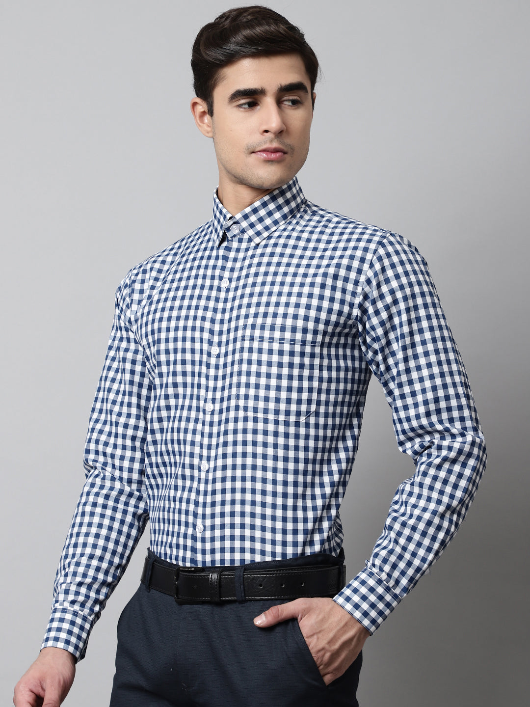 Jainish Men's Blue Checks Pure Cotton Formal Shirt | Grocsy