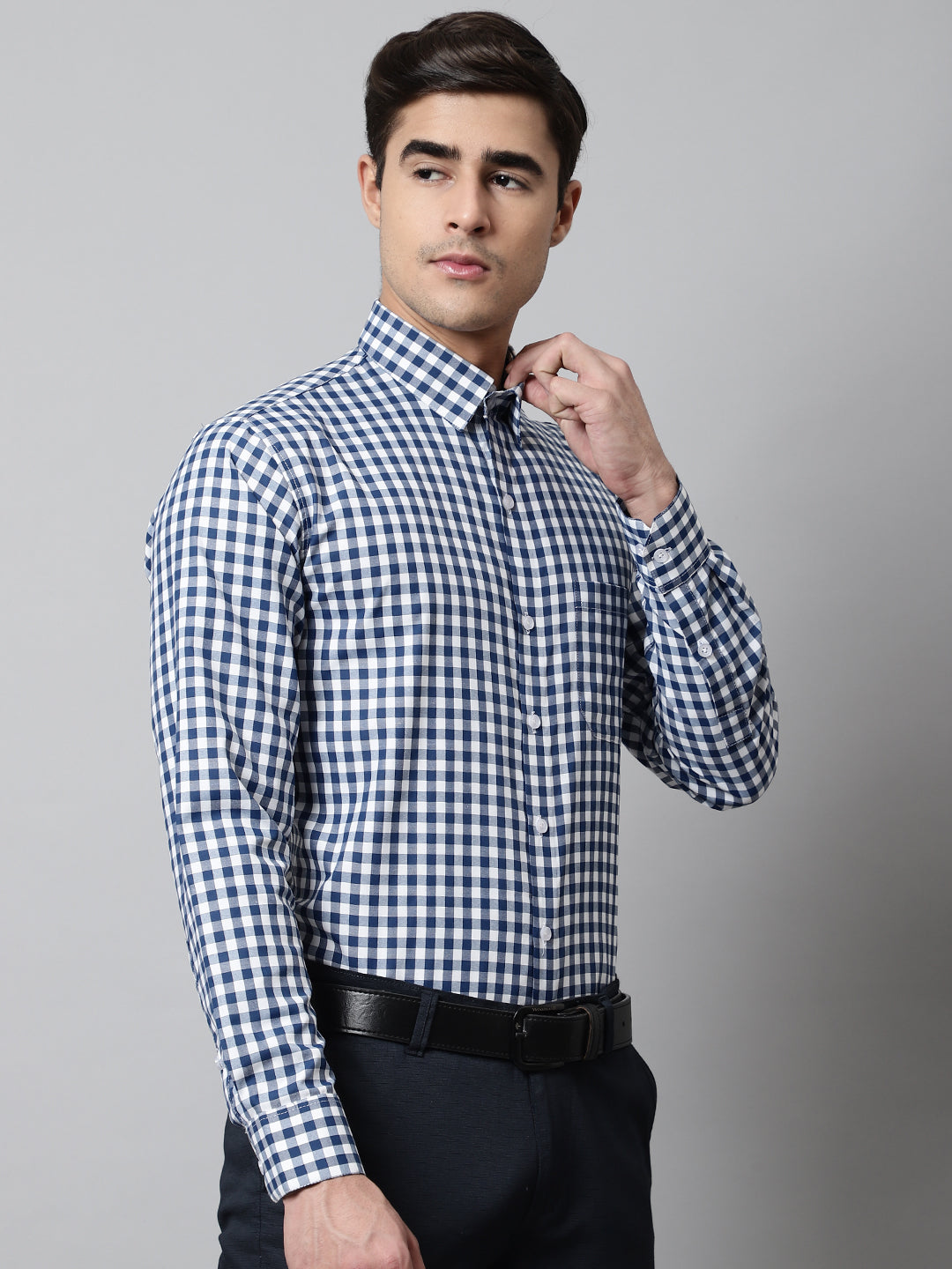 Jainish Men's Blue Checks Pure Cotton Formal Shirt | Grocsy