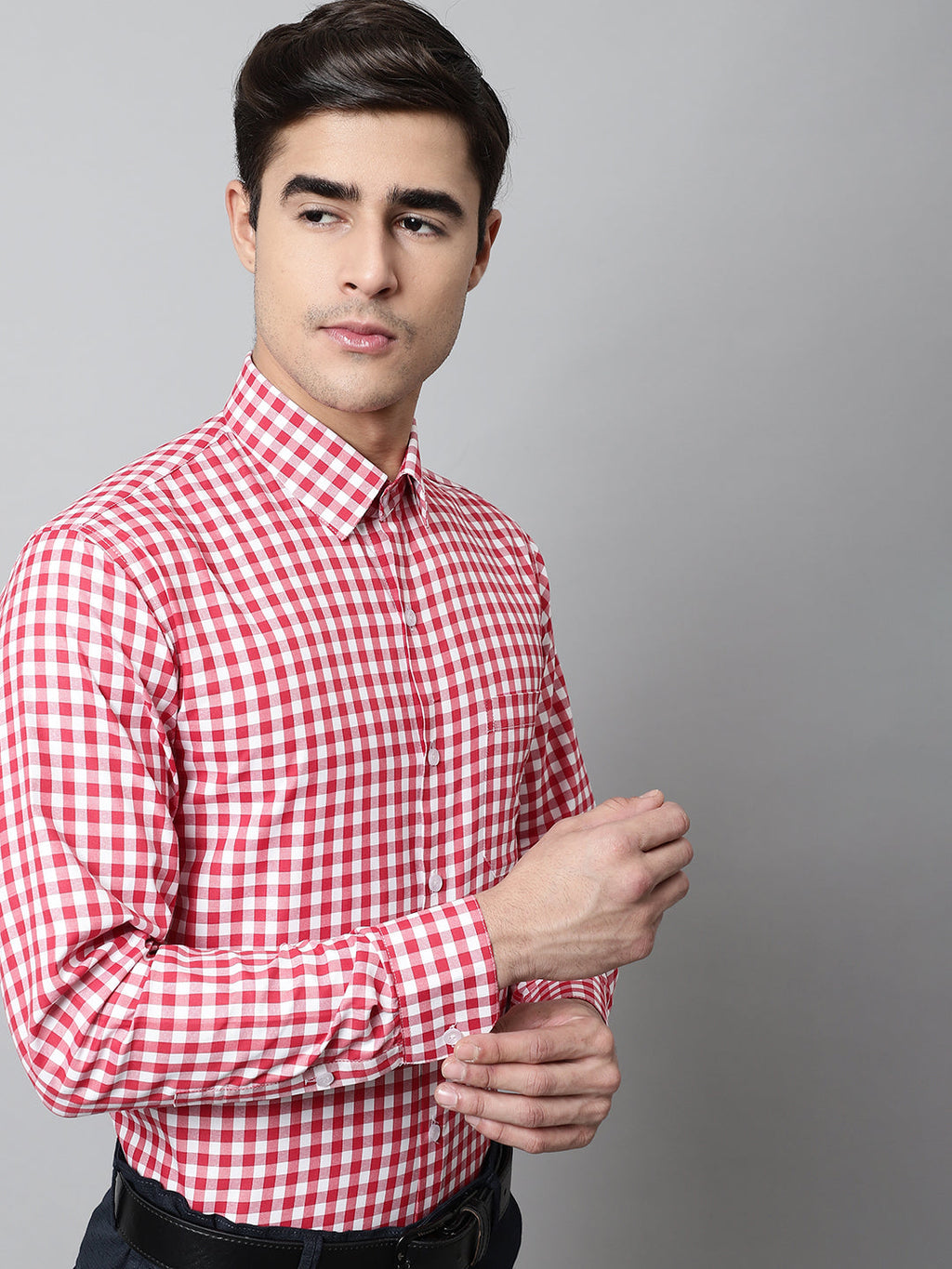 Jainish Men's Red Checks Pure Cotton Formal Shirt | Grocsy
