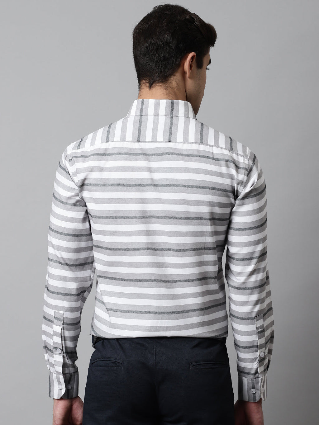 Jainish Men's Grey Classic Horizontal Striped Formal Shirt | Grocsy