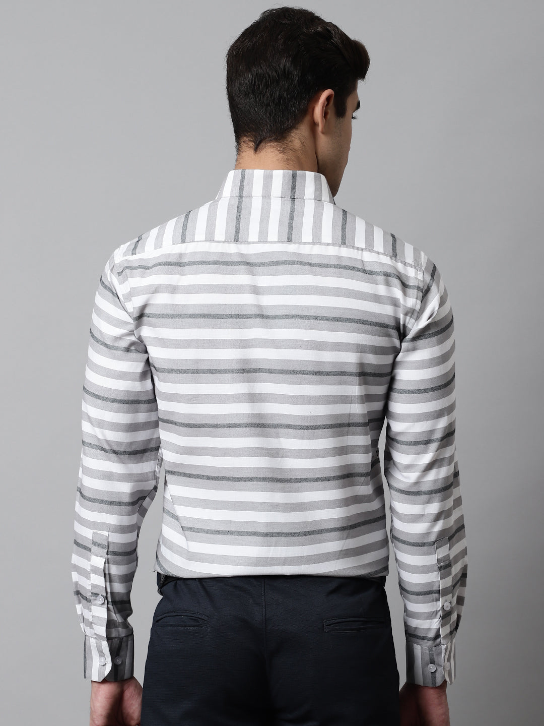 Jainish Men's Grey Classic Horizontal Striped Formal Shirt | Grocsy