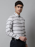 Jainish Men's Grey Classic Horizontal Striped Formal Shirt | Grocsy