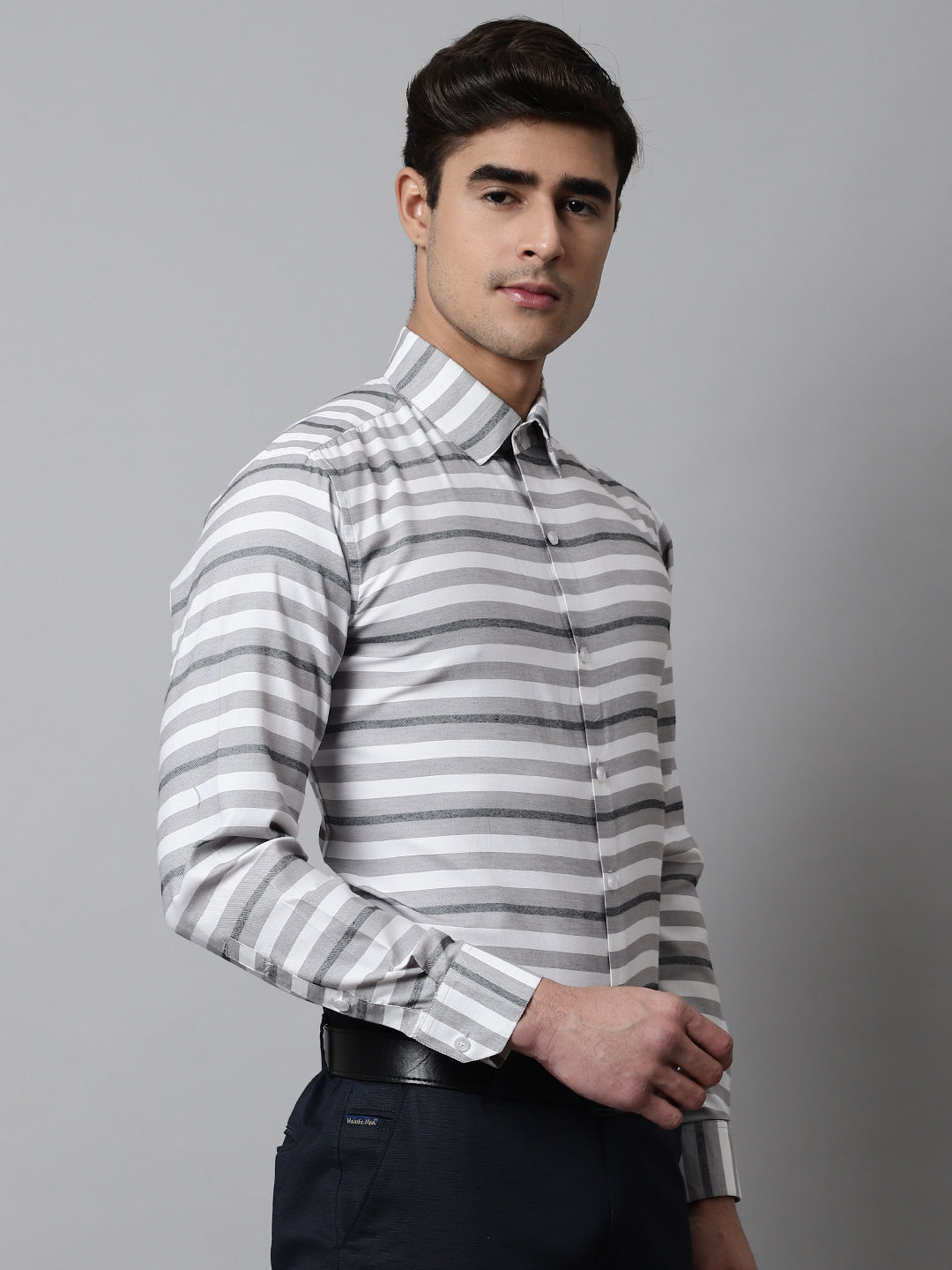 Jainish Men's Grey Classic Horizontal Striped Formal Shirt | Grocsy