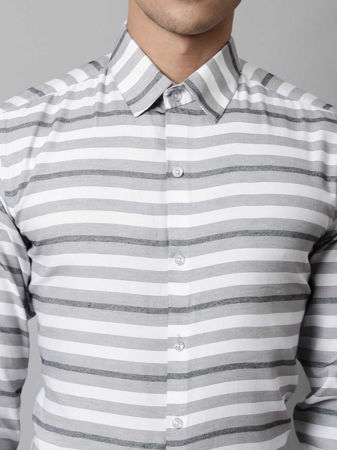 Jainish Men's Grey Classic Horizontal Striped Formal Shirt | Grocsy