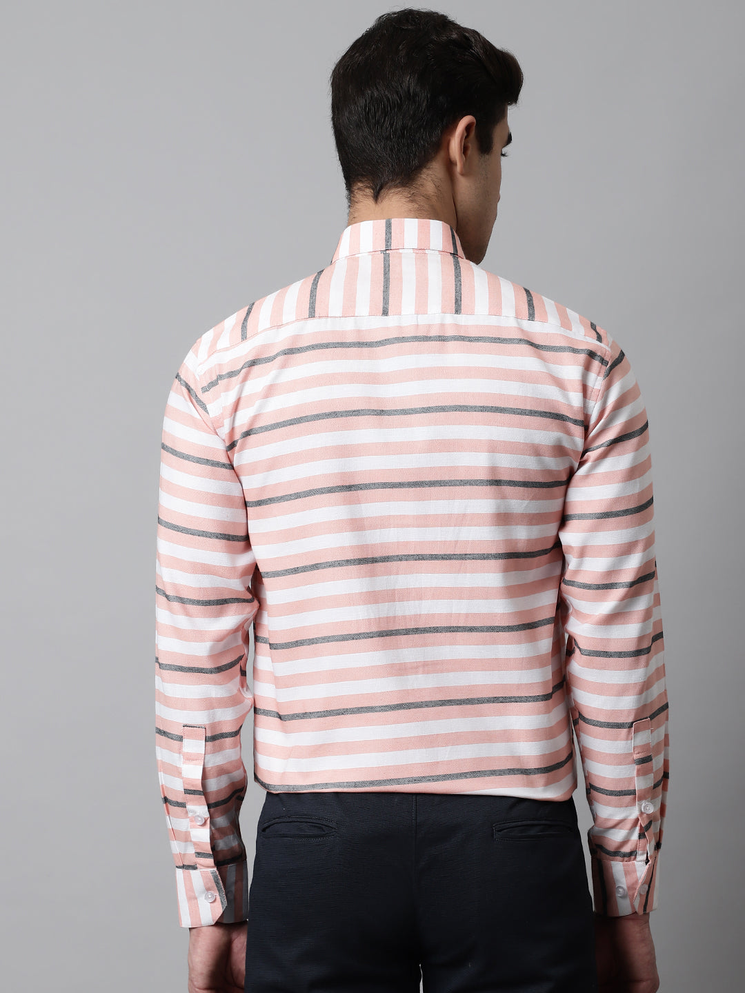 Jainish Men's Peach Classic Horizontal Striped Formal Shirt | Grocsy