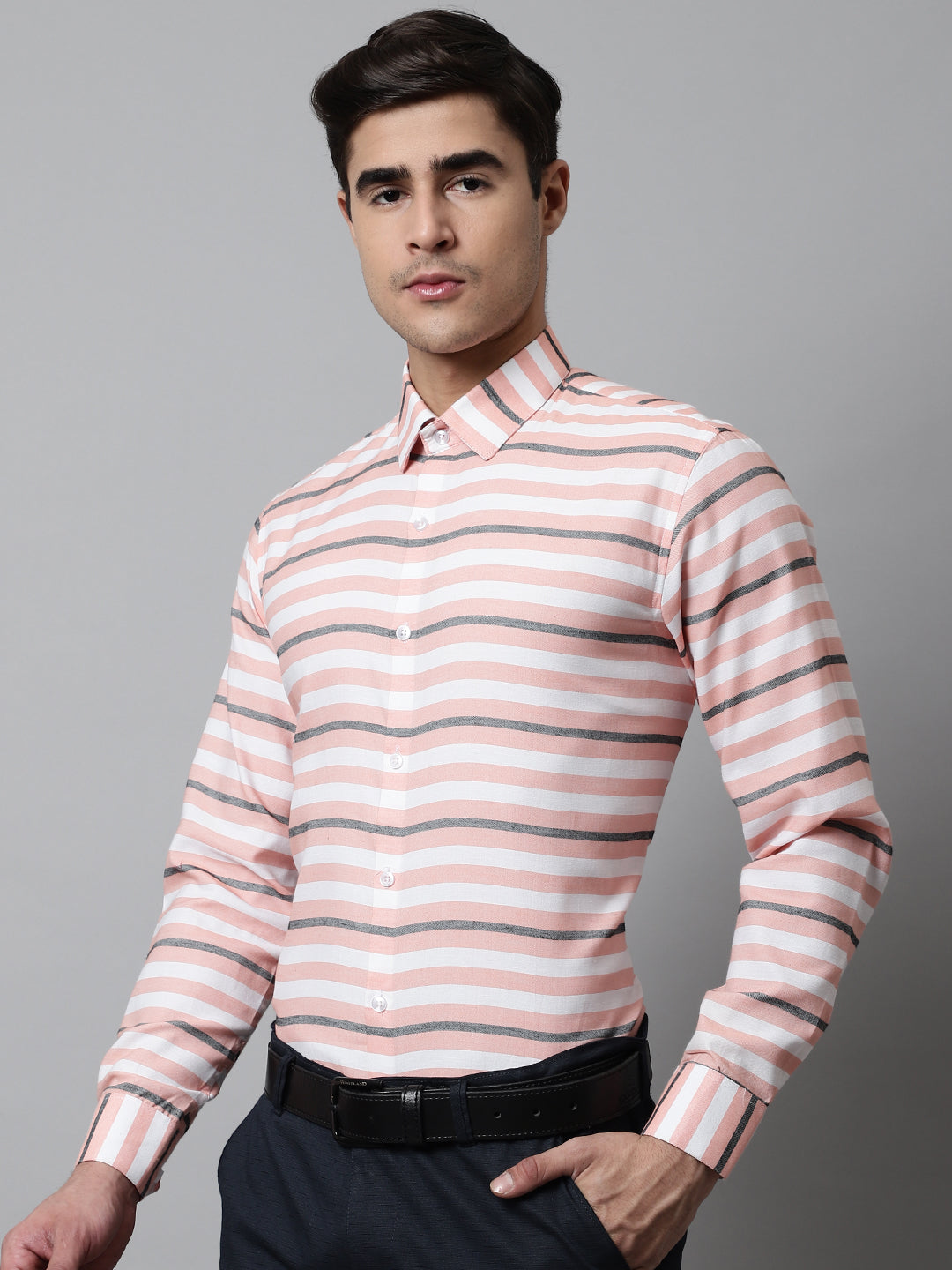 Jainish Men's Peach Classic Horizontal Striped Formal Shirt | Grocsy