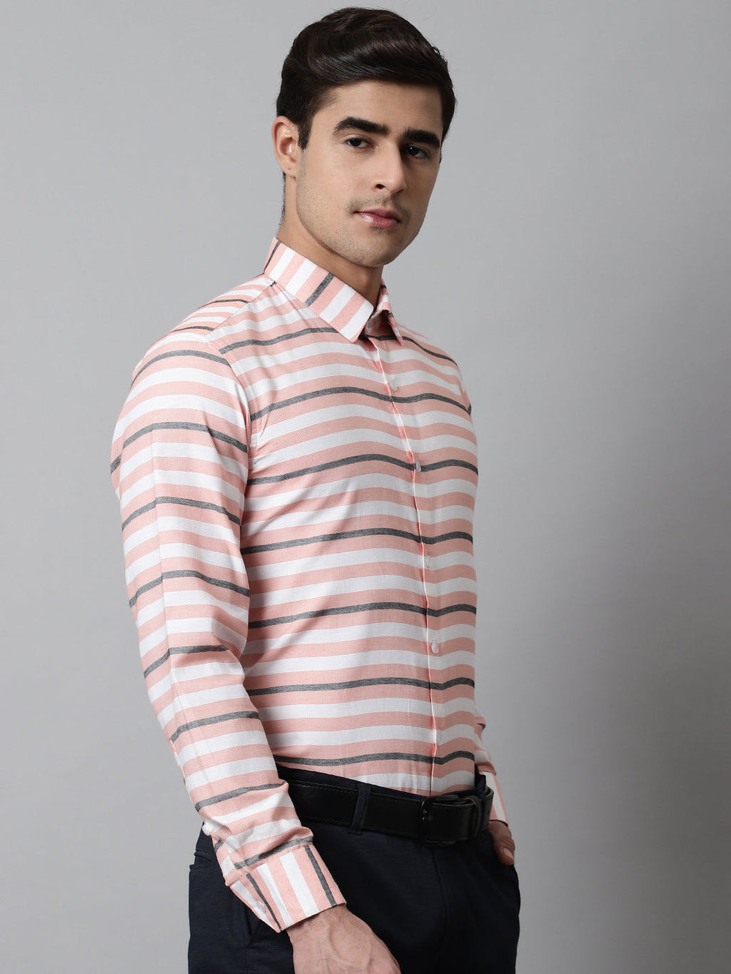 Jainish Men's Peach Classic Horizontal Striped Formal Shirt | Grocsy