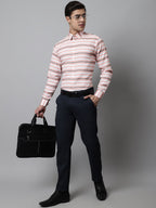 Jainish Men's Peach Classic Horizontal Striped Formal Shirt | Grocsy