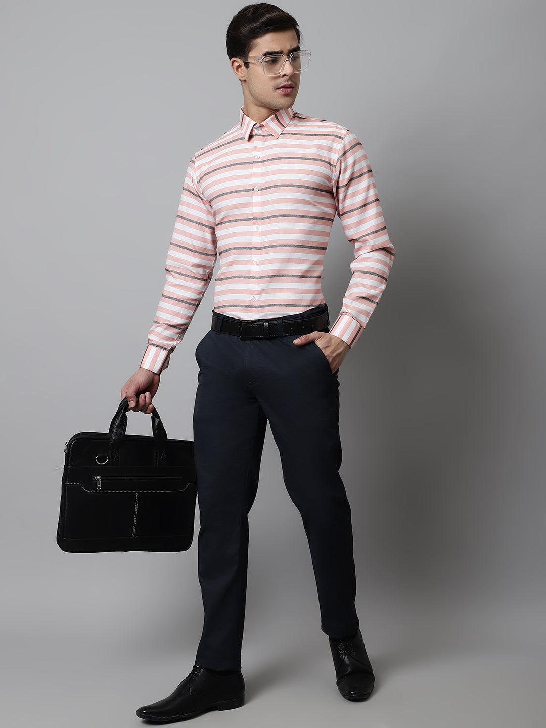 Jainish Men's Peach Classic Horizontal Striped Formal Shirt | Grocsy