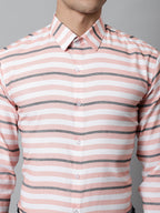 Jainish Men's Peach Classic Horizontal Striped Formal Shirt | Grocsy