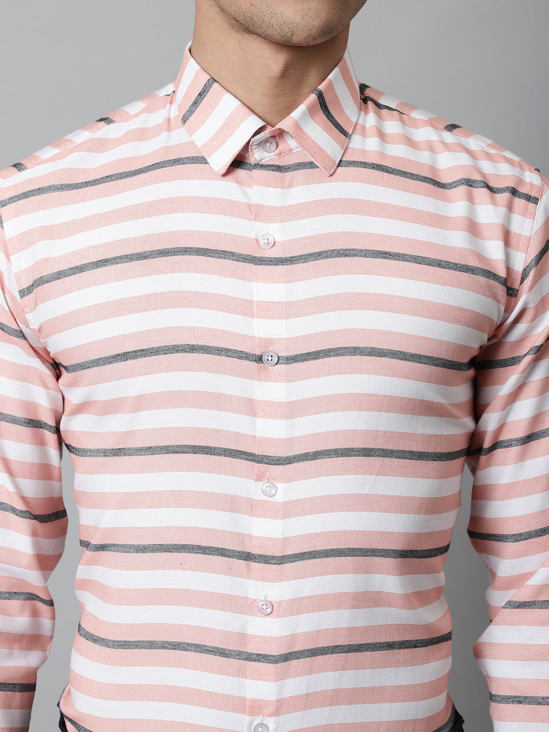 Jainish Men's Peach Classic Horizontal Striped Formal Shirt | Grocsy