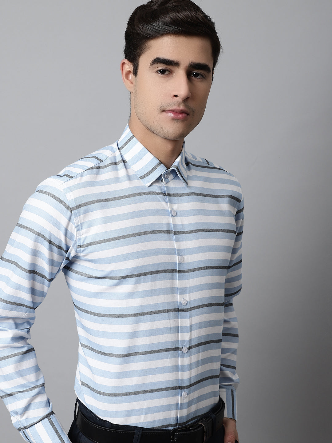 Jainish Men's Sky Classic Horizontal Striped Formal Shirt | Grocsy