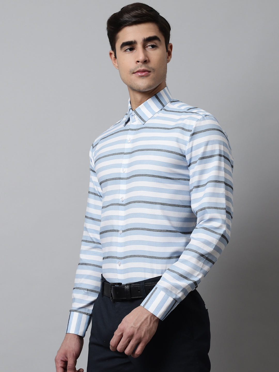 Jainish Men's Sky Classic Horizontal Striped Formal Shirt | Grocsy