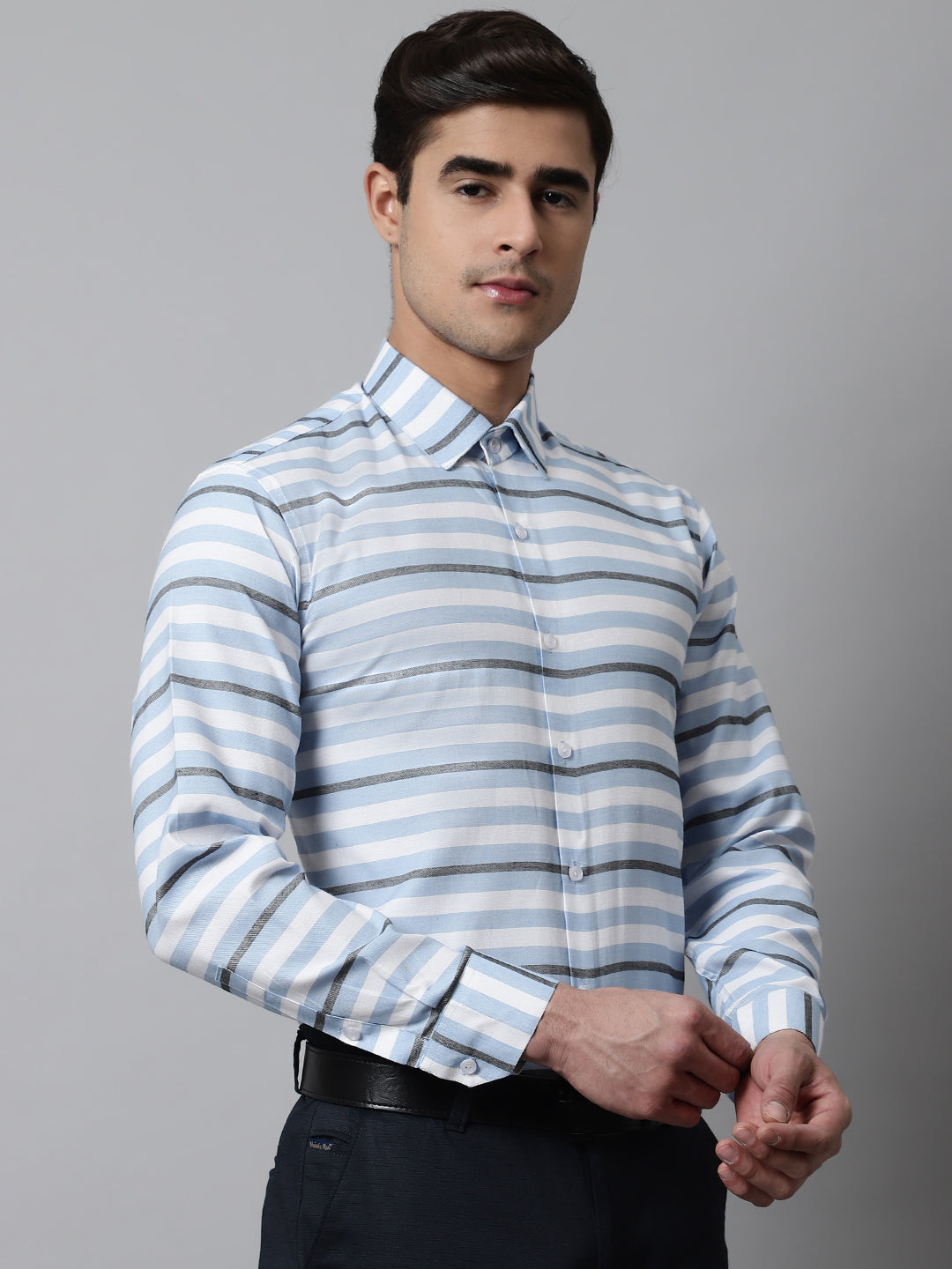 Jainish Men's Sky Classic Horizontal Striped Formal Shirt | Grocsy