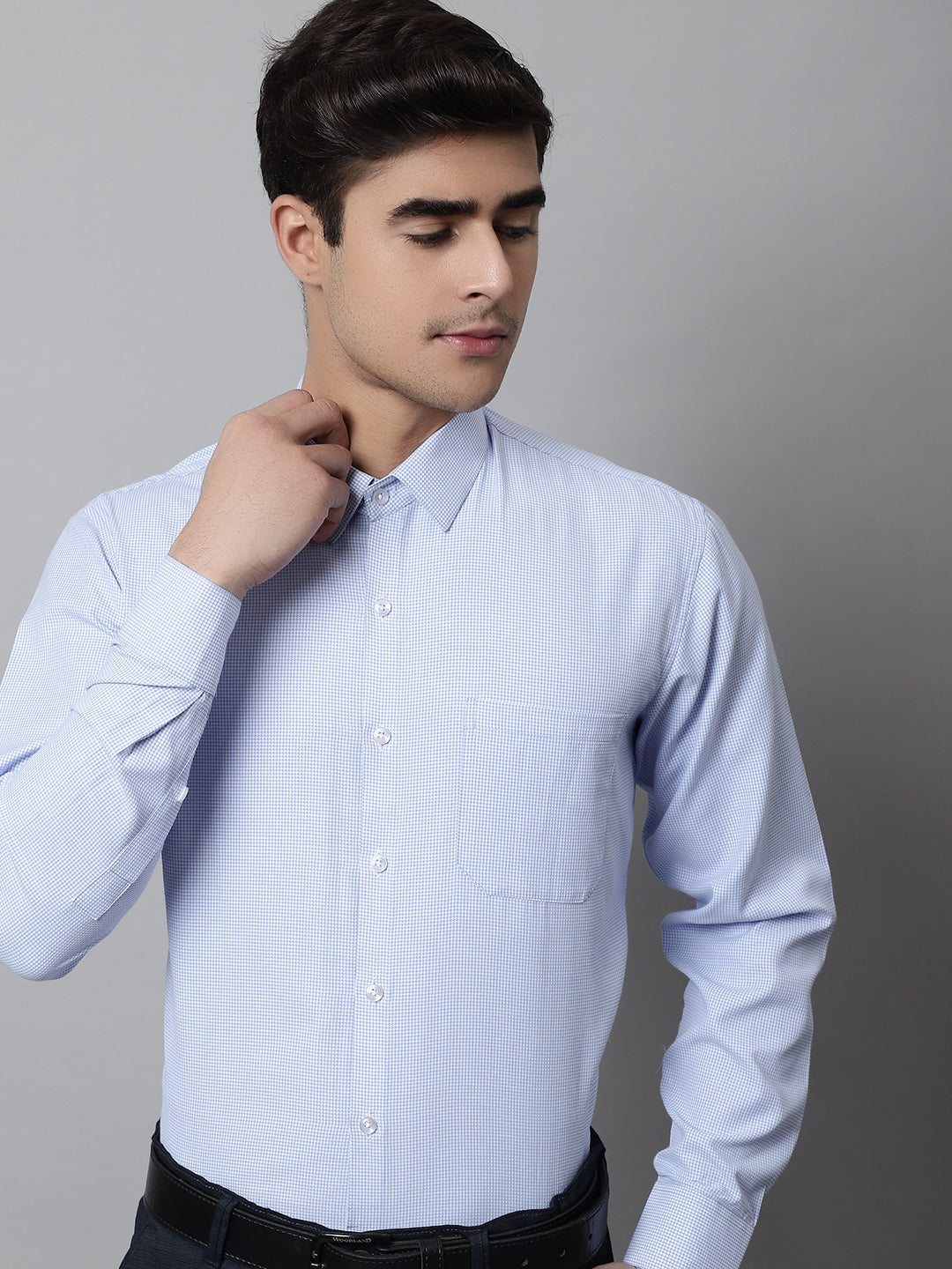 Jainish Men's Light Blue Checks Pure Cotton Formal Shirt | Grocsy