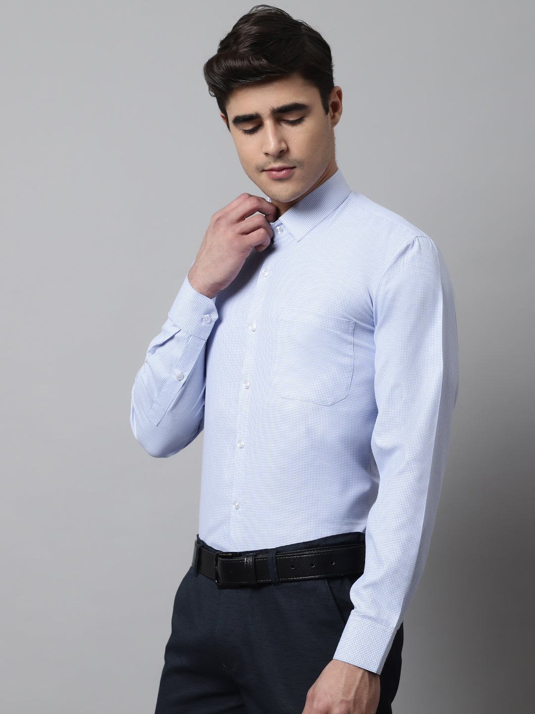 Jainish Men's Light Blue Checks Pure Cotton Formal Shirt | Grocsy