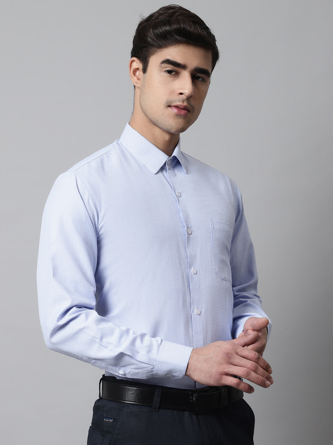 Jainish Men's Light Blue Checks Pure Cotton Formal Shirt | Grocsy