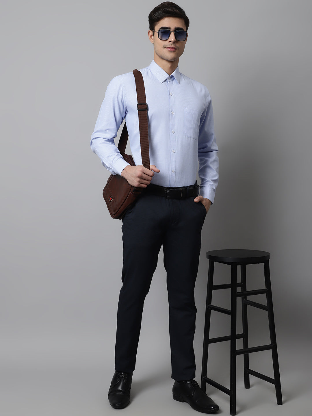 Jainish Men's Light Blue Checks Pure Cotton Formal Shirt | Grocsy