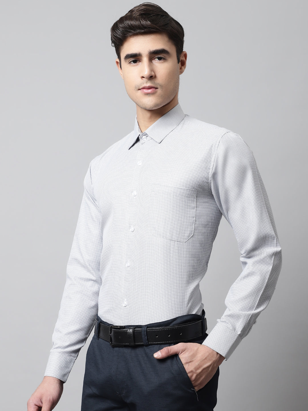 Jainish Men's Light Grey Checks Pure Cotton Formal Shirt | Grocsy