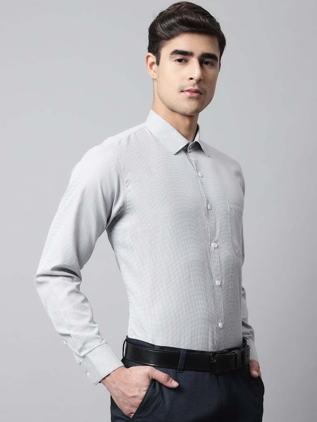 Jainish Men's Light Grey Checks Pure Cotton Formal Shirt | Grocsy