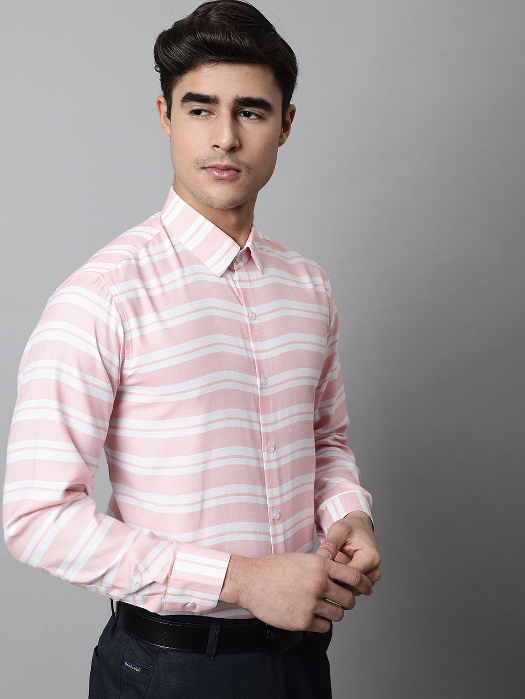 Jainish Men's Peach Classic Horizontal Striped Formal Shirt | Grocsy