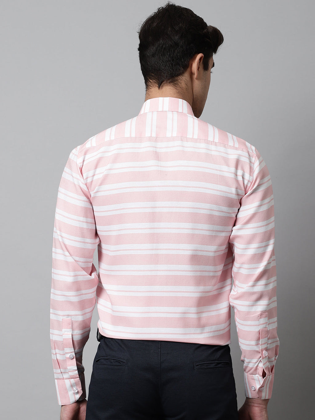 Jainish Men's Peach Classic Horizontal Striped Formal Shirt | Grocsy