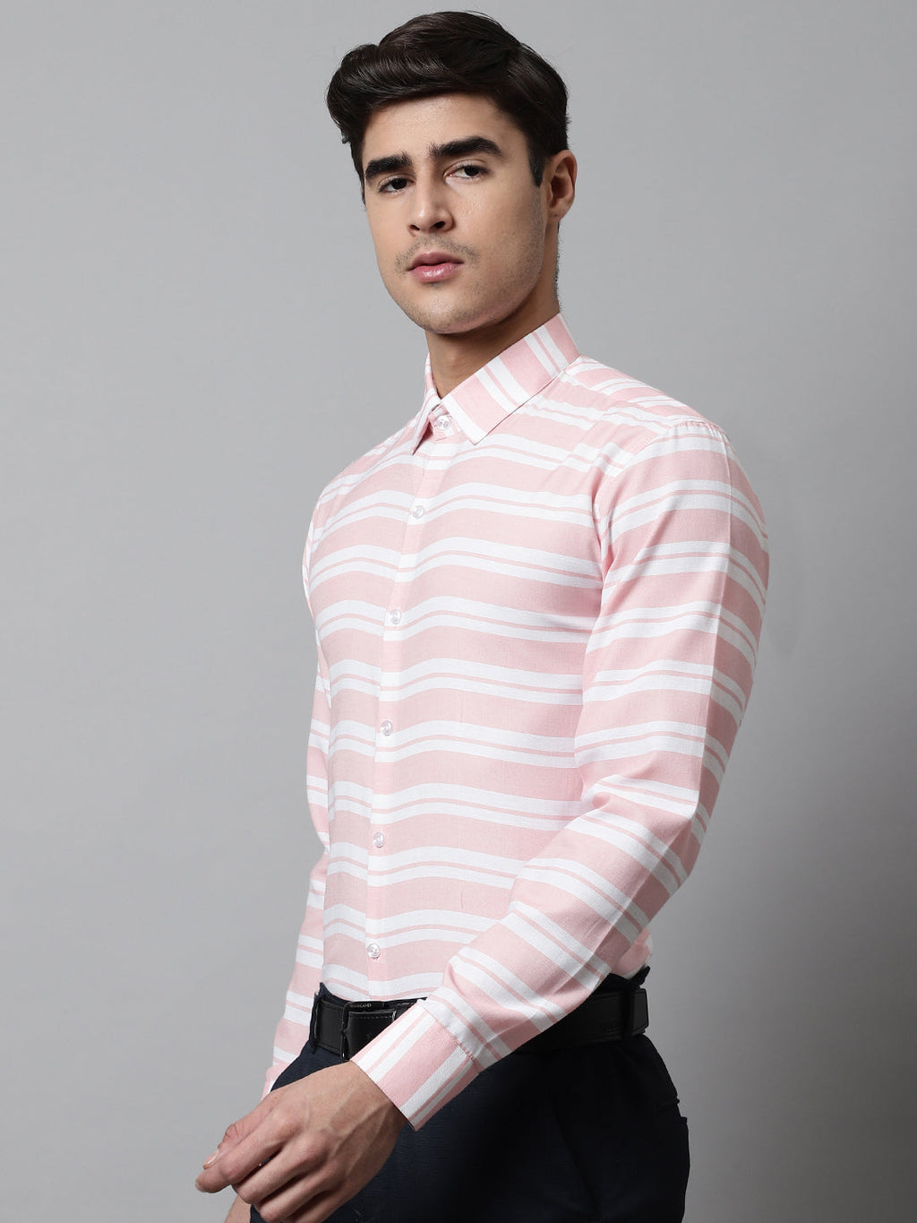 Jainish Men's Peach Classic Horizontal Striped Formal Shirt | Grocsy